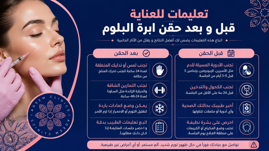 تعليمات للعناية قبل و بعد حقن ابرة البلوم