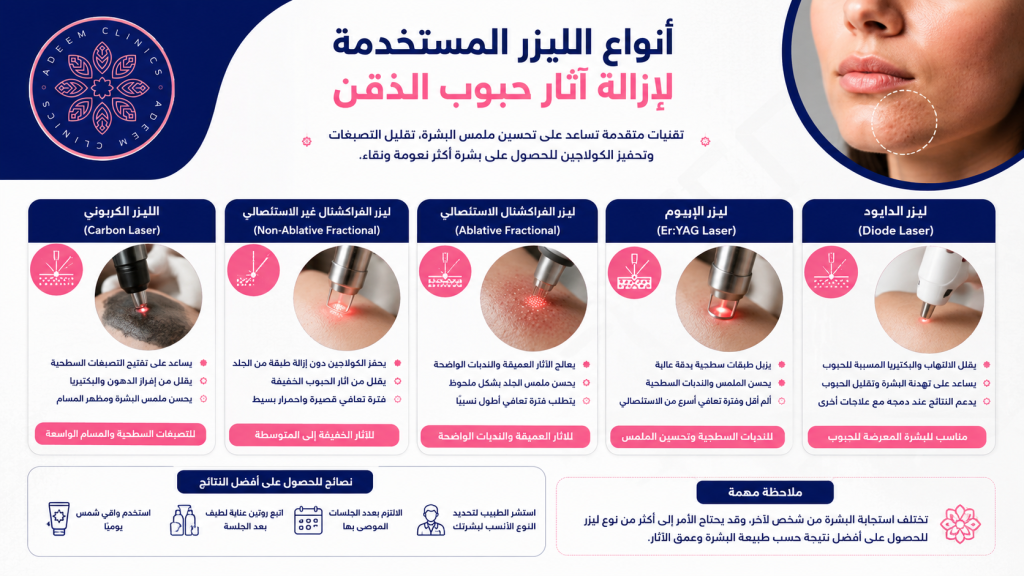 أنواع الليزر المستخدمة لإزالة آثار حبوب الذقن